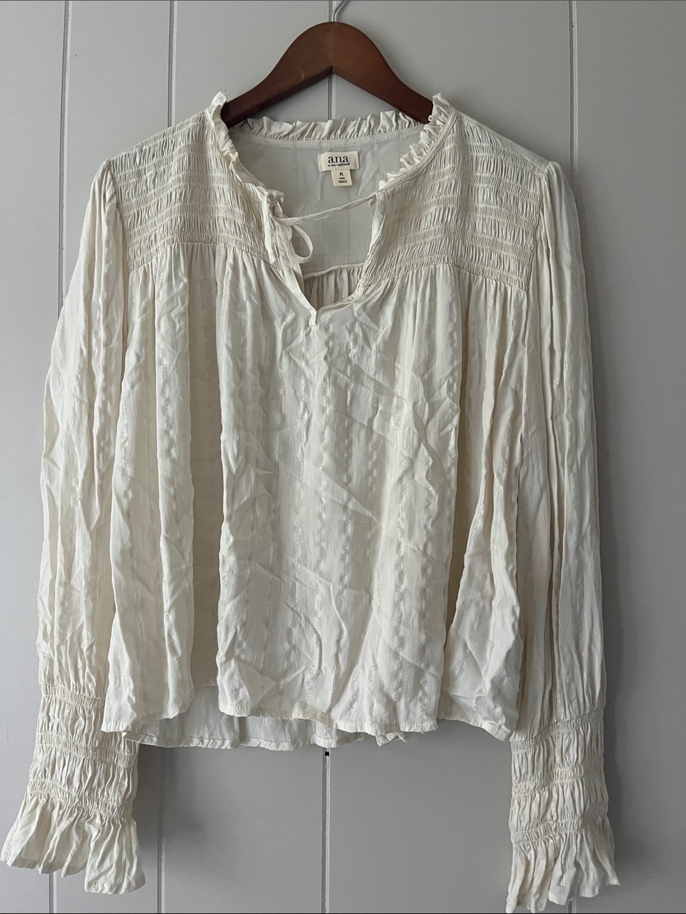 a.n.a Cream Smocked Peasant Blouse with Tie Neck